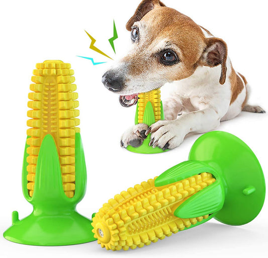 Dog Squeaky Chew Toy with Suction, Dogs Toothbrush Teeth Cleaning Squeaky Stick for Aggressive Chewers for Small Medium Dogs (Yellow Corn)