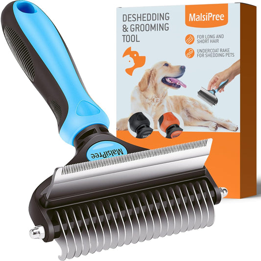 Dog Grooming Brush for Shedding - 2 in 1 Deshedding Tool and Undercoat Rake for Long and Short Haired Dogs with Double Coat - Dematting Comb and Pet Hair Deshedder Supplies (Large, Blue)
