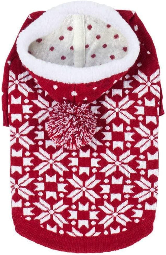 Let It Snow Classic Ugly Christmas Holiday Snowflake Pullover Hoodie Dog Sweater in Red and White, Back Length 20", Pack of 1 Clothes for Dogs